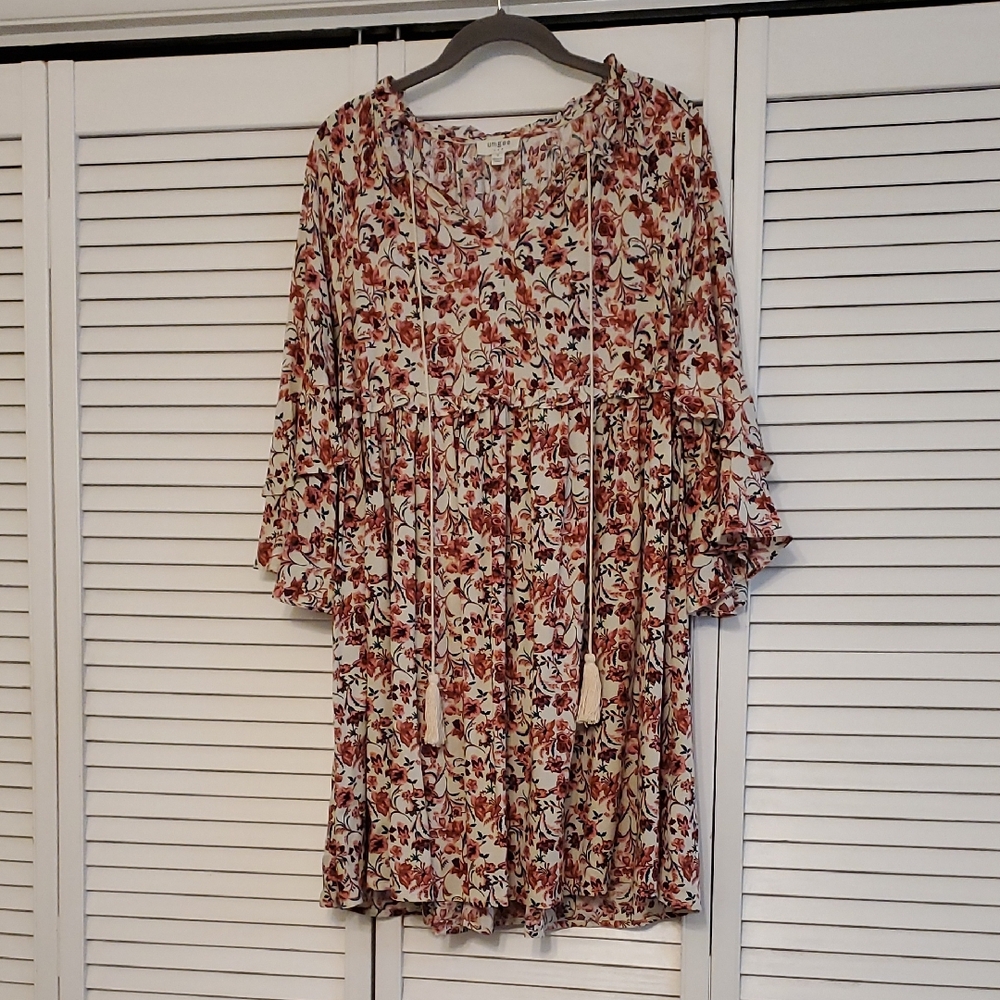 Umgee Fall Floral Boho Cottagecore Rayon Dress with Tassels and Ruffles, Small